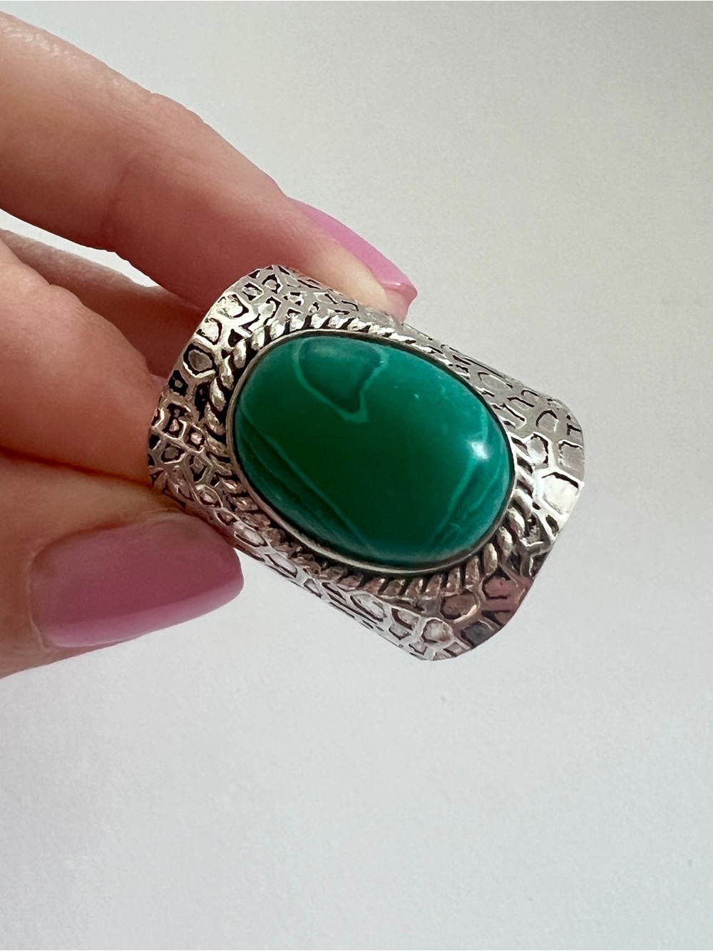 Artisan Boho Statement Ring Green Cabochon Silver Plate Sz 6 Vintage-Style - Picture 3 of 6